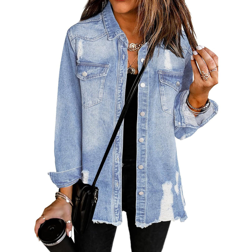 Dokotoo Women'S Oversized Denim Jacket Casual Long Sleeve Denim Shirts Distresse Jean Jacket