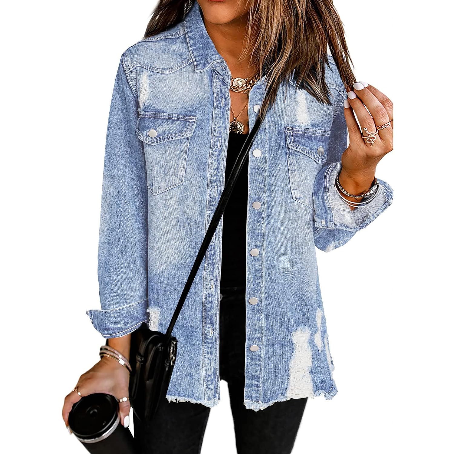 Dokotoo Women'S Oversized Denim Jacket Casual Long Sleeve Denim Shirts Distresse Jean Jacket