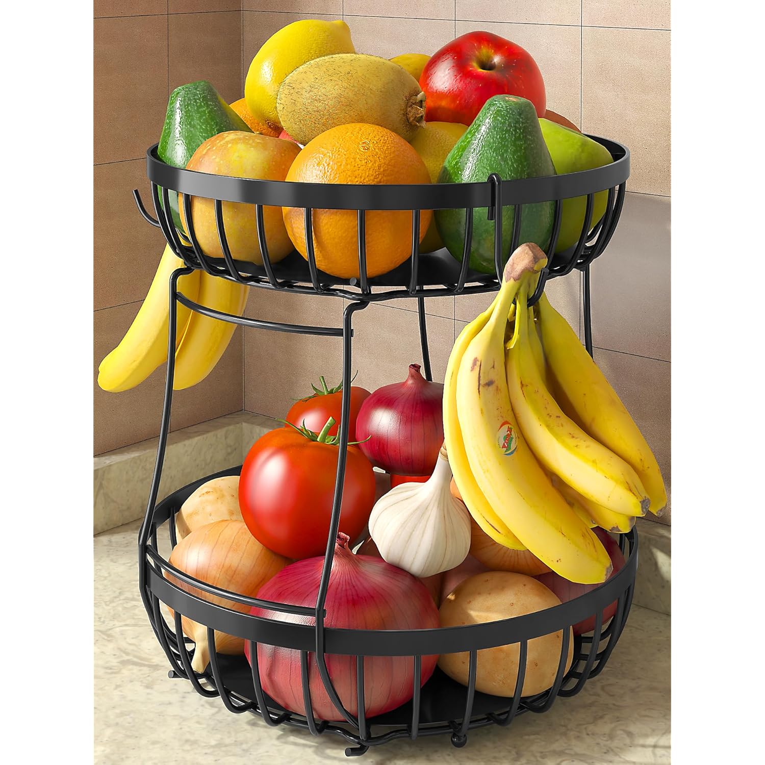 Sevenblue 2 Tier Large Fruit Basket for Kitchen Counter with 2 Banana Hangers, Metal Stackable Fruit Bowl for Kitchen Counter for Bread Vegetable Fruits, Black