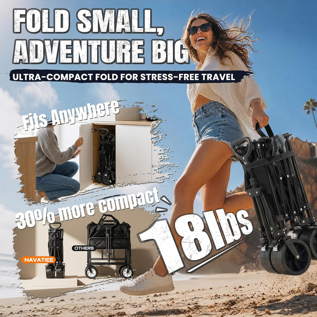 330Lbs Collapsible Folding Wagon, Beach Wagon Cart Heavy Duty Foldable With Big Wheels, Utility Grocery Wagon With 165L Large Capacity For Camping Garden Sports, Black