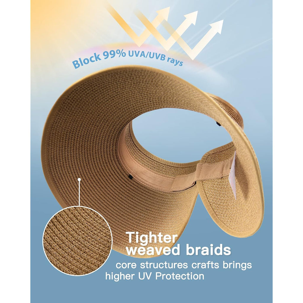 FURTALK Sun Hats for Women Wide Brim Beach Hat Straw Visor Ponytail Summer UV Packable Foldable Beach Vacation Essentials Khaki