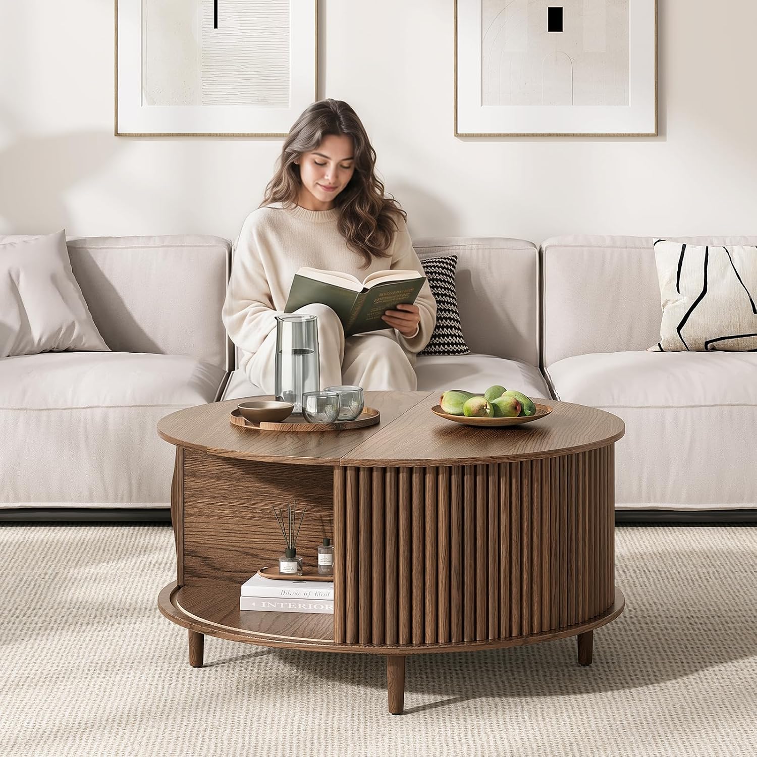 Joinice 31.5" Round Coffee Table With Storage For Living Room, Walnut | Hidden Storage,Fluted Sliding Door,Mid Century Furniture For Small Apartments,Solid Wood Legs,Easy Assembly,Up To 110 Lbs