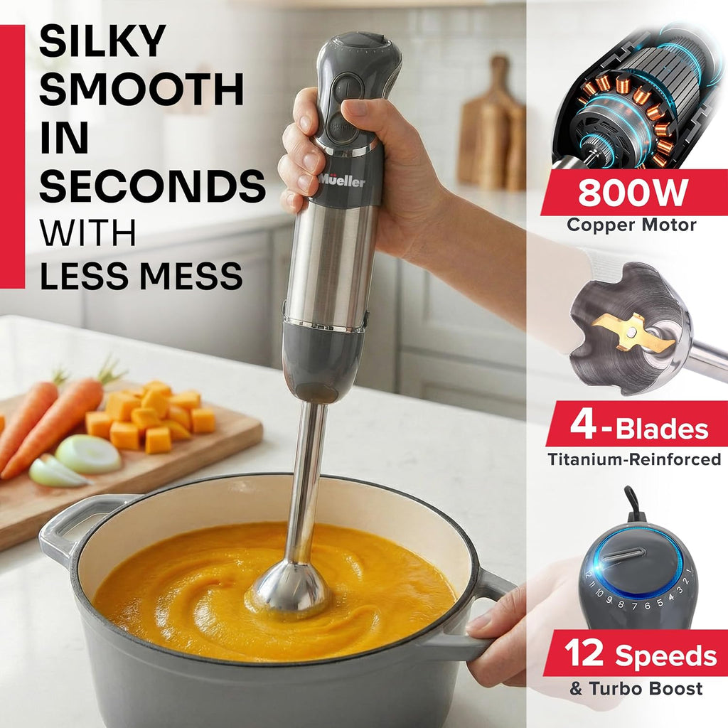 Mueller Multistick 5-In-1 Immersion Blender Handheld,12 Speed Hand Mixer-Turbo Boost,Heaviest Duty Copper Motor,Titanium Reinforced Blades Hand Blender,Milk Frother Wand,Whisk,Beaker,Chopper,Grey