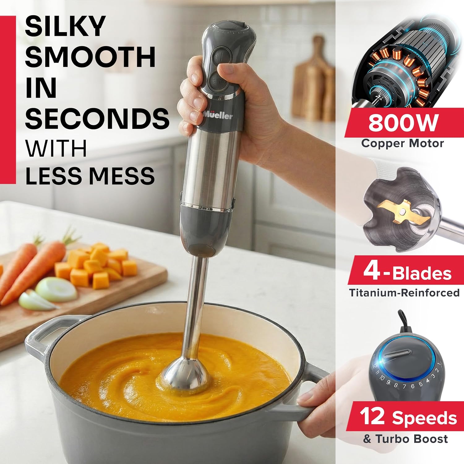 Mueller Multistick 5-In-1 Immersion Blender Handheld,12 Speed Hand Mixer-Turbo Boost,Heaviest Duty Copper Motor,Titanium Reinforced Blades Hand Blender,Milk Frother Wand,Whisk,Beaker,Chopper,Grey