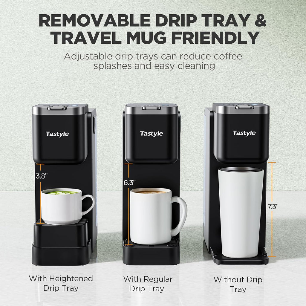 Tastyle Single Serve Coffee Maker with Built-in Detachable Milk Frother, Iced and Hot Coffee Machine for K Cup & Grounds, 40oz Removable Water Reservoir, 6 Cup Sizes, Fits 7.3" Travel Mug, Black