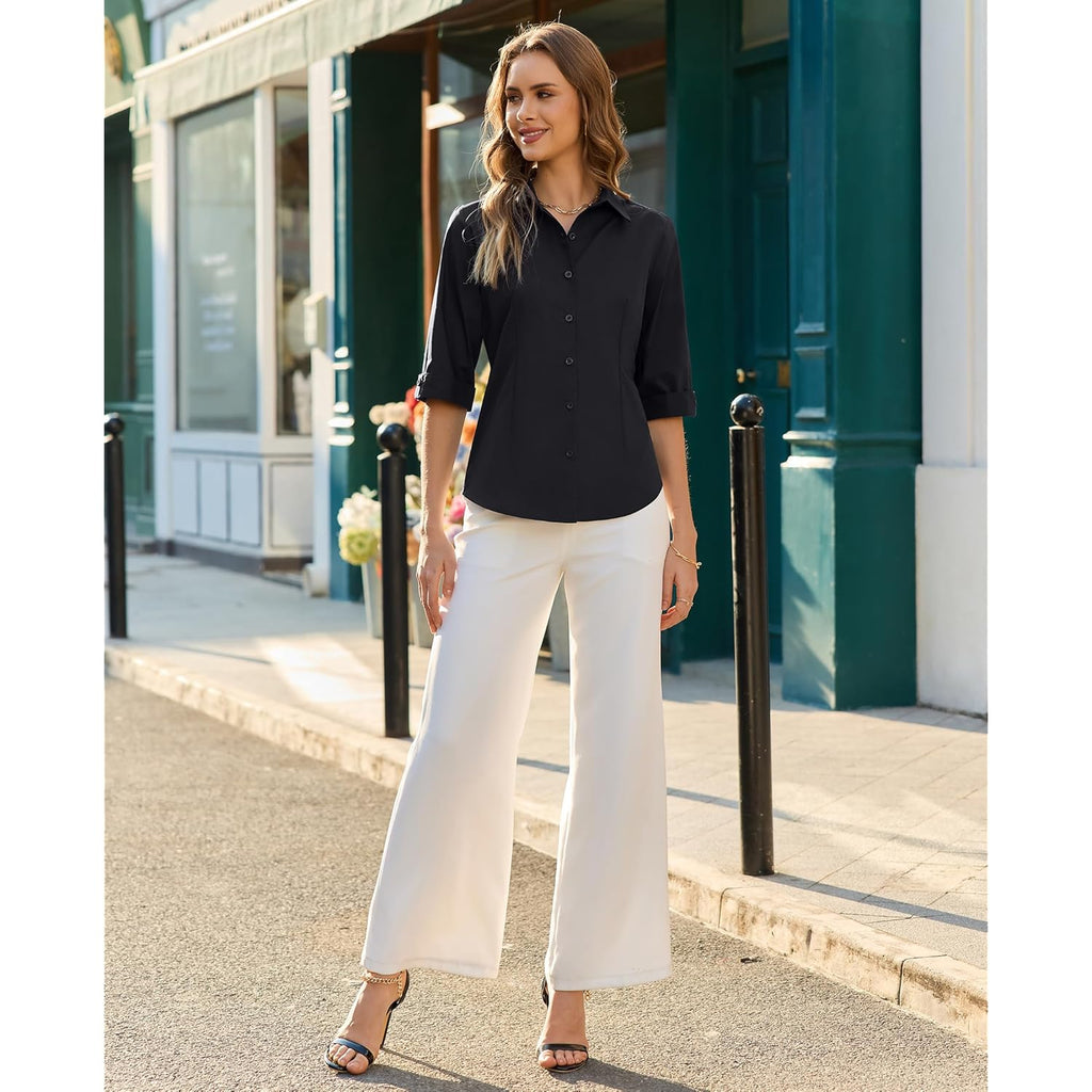 Button Down Shirts for Women: Slim Fit Stain Shield 3/4 Sleeve Dress Shirt Formal Work Button Up Blouses