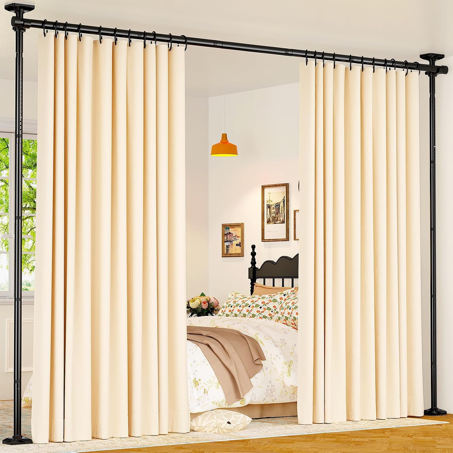 Room Divider For Room Separation, Tension Curtain Rods No Drilling, 4-10Ft(H) 28-70Inch(W) Adjustable Temporary Privacy Wall Divider, Heavy Duty Freestanding Space Partition Separator, Black