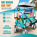 Beach Wagon With Big Balloon Wheels For Sand, 200L Extra Large Beach Cart With Canopy, 440Lbs Heavy Duty Folding Wagon Collapsible With 9" Tires & Side Pocket For Beach, Outdoor, Light Blue