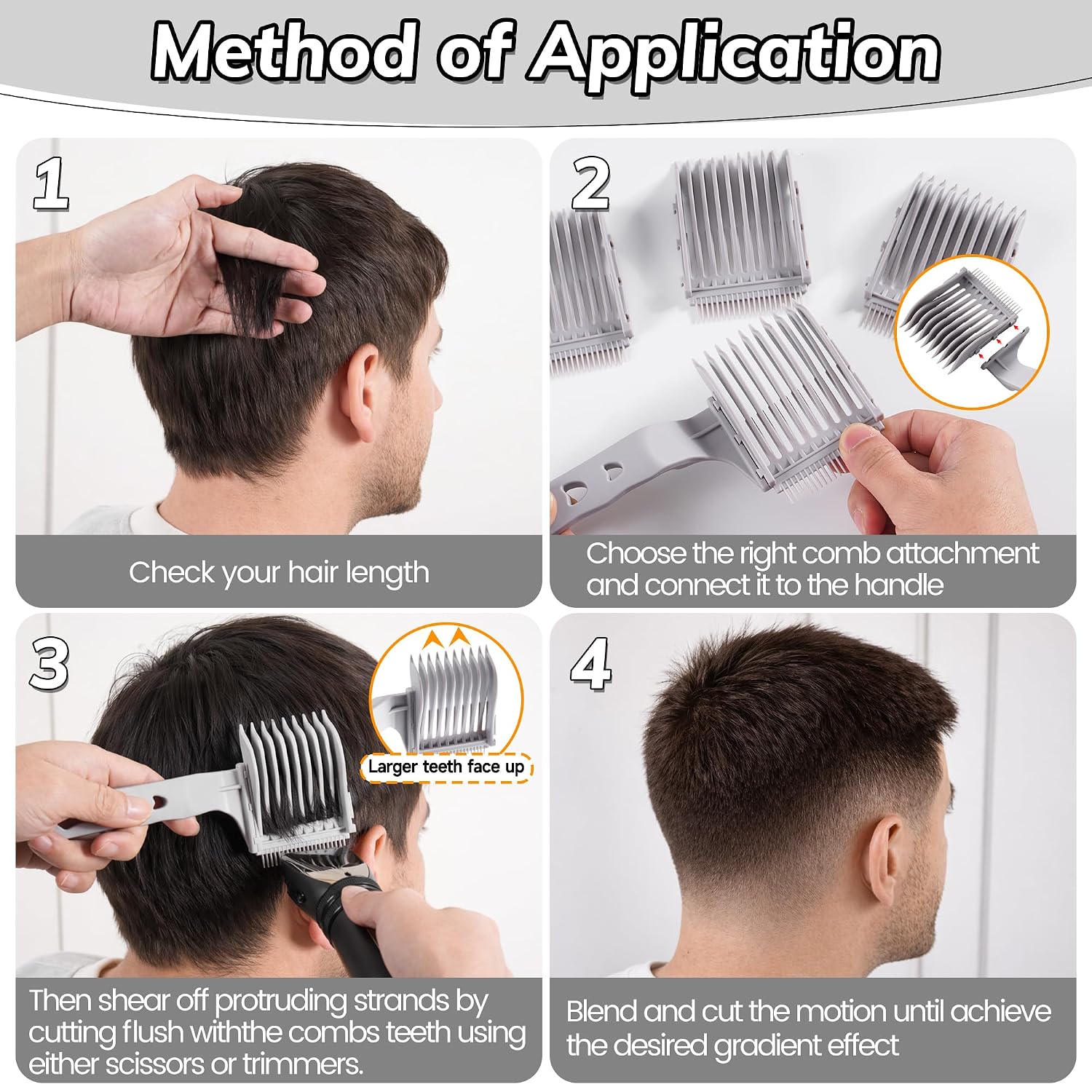 4-In-1 Detachable Fade Comb Set – Professional Barber Combs For Fading, Blending & Layering. Graduated Sizes Fit All Shears & Styling Tools – For Home & Salon (Grey)