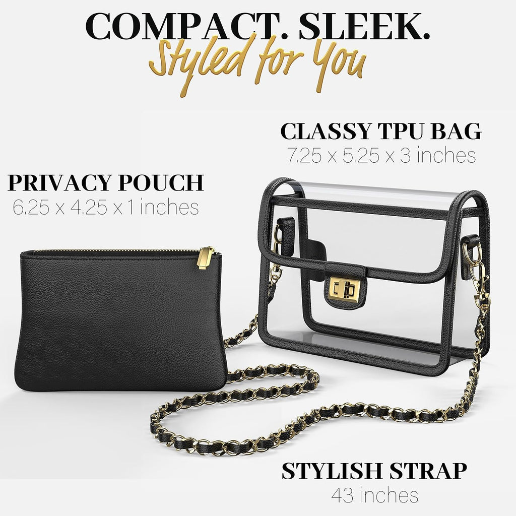 Clear Crossbody Purse For Women Stadium Approved 7.25" X 5.25" - Uv Tpu Luxury Bag With Wallet & 43" Chain