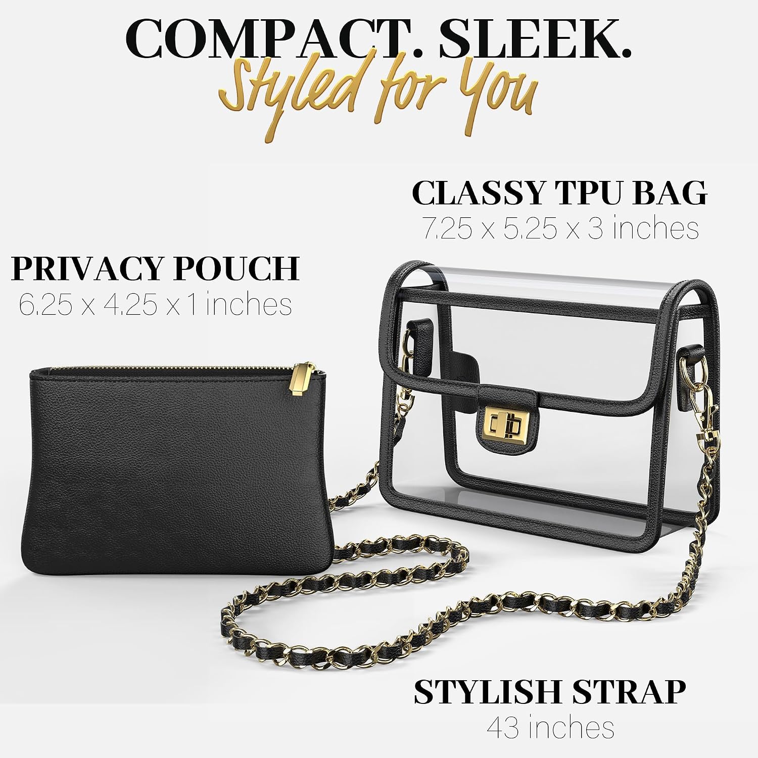 Clear Crossbody Purse For Women Stadium Approved 7.25" X 5.25" - Uv Tpu Luxury Bag With Wallet & 43" Chain