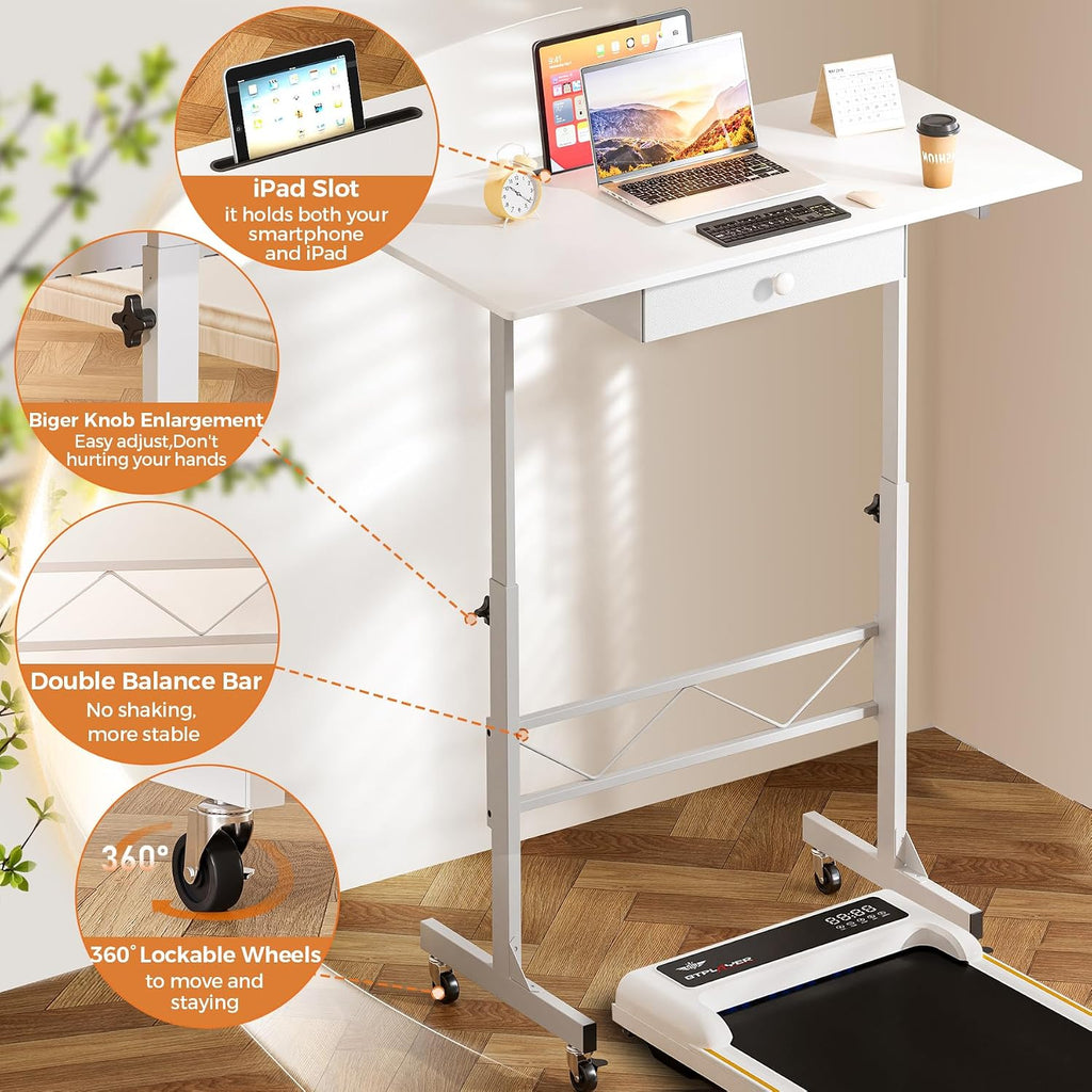 Comhoma Standing Desk Adjustable Height & Tiltable Tabletop, Portable Stand Up Desk For Laptop, Mobile Folding Desk For Home Office Work And Walking Pad Treadmill, Height 30.7"-46.4", White