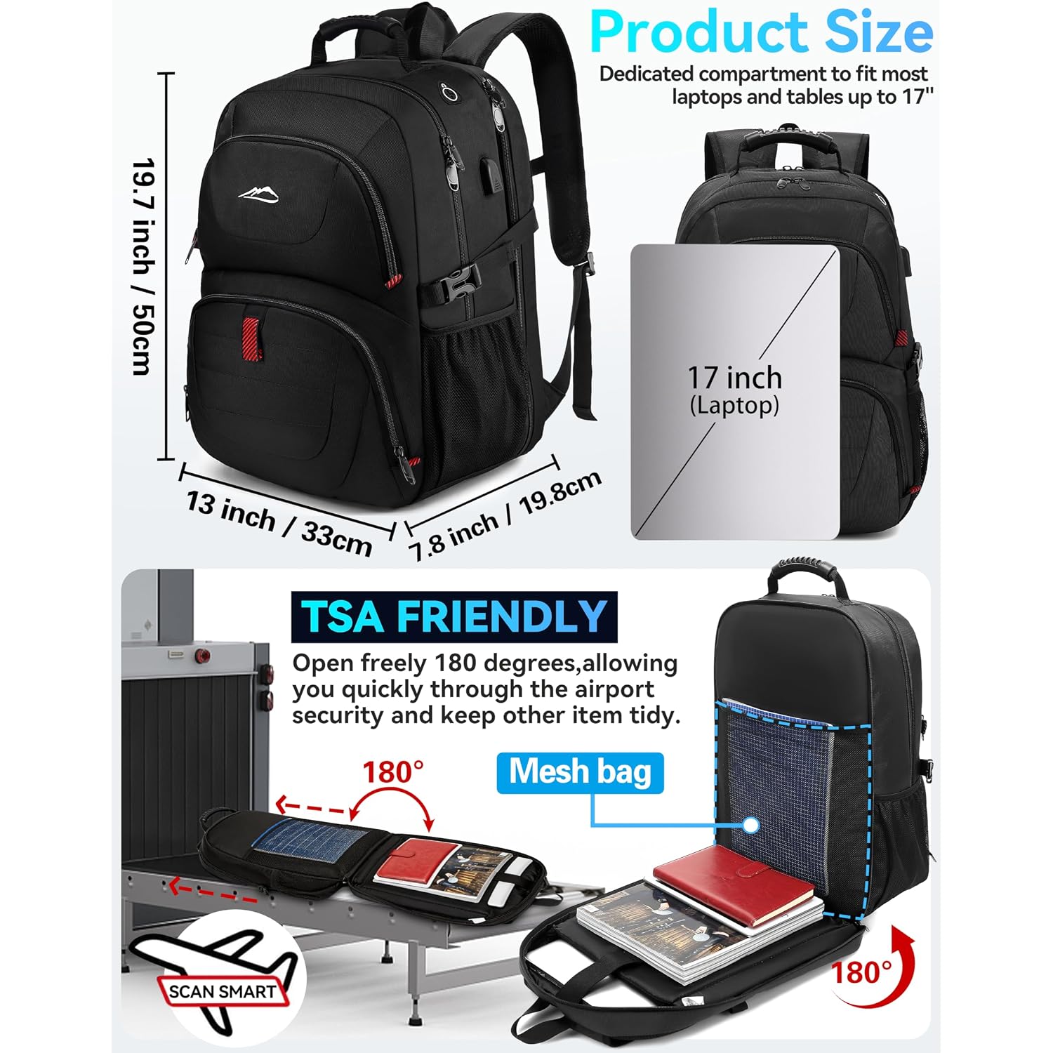 Proetrade Travel Backpack, Extra Large Laptop Backpack Business Anti Theft Tsa Approved College Work Computer Bag Fits 17 Inch Laptop With Usb Charging Port For Women Men(Black)