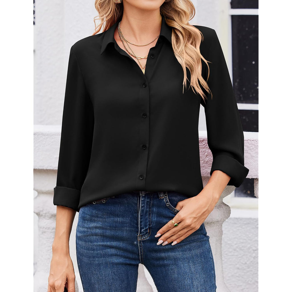 Zeagoo Women Blouses Chiffon Long Sleeve Button Down Shirts Business Causal Dressy Work Top V Neck Summer Spring Clothes