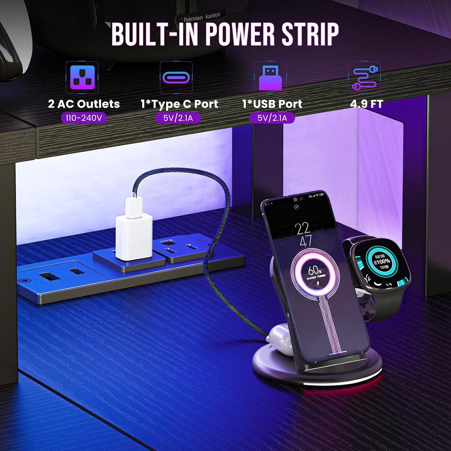 Dumos Gaming Desk, Monitor Stand, Led Lights, Storage Shelves | Usb Charging Ports, Power Outlets, Reversible L Shaped Corner, Small Spaces, Black