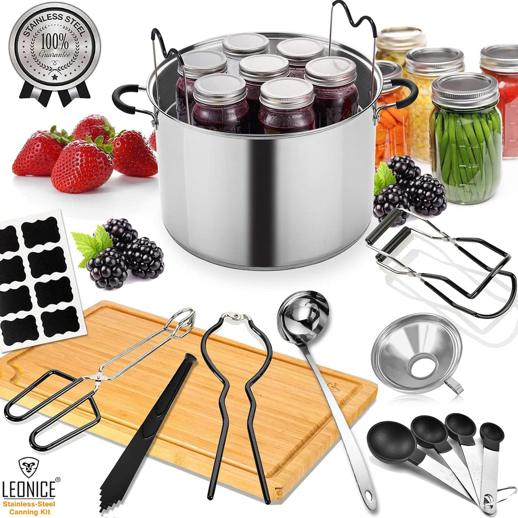 Canning Supplies Starter Kit, Stainless Steel Canning Set Tools: Rack, Ladle, Measuring Spoons, Funnel, Tongs, Jar Lifter, Lid Lifter & Accessories For Canner/Pot, Beginner, Home Canning Kit - Black
