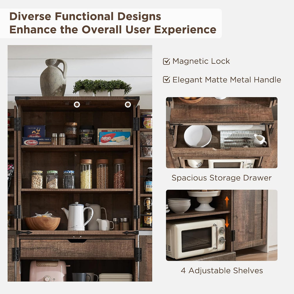 72" Tall Wooden Pantry Storage Cabinet With Door Shelves & Drawer | Farmhouse, Barn Doors, Adjustable Shelves, Freestanding, Anti-Tip Kit, For Kitchen, Dining Room, Living Room