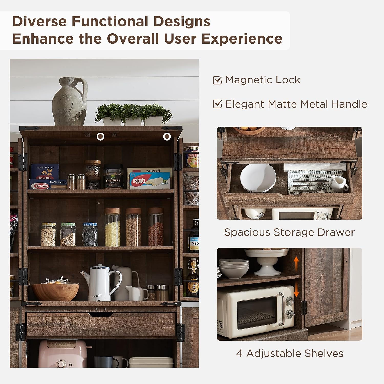 72" Tall Wooden Pantry Storage Cabinet With Door Shelves & Drawer | Farmhouse, Barn Doors, Adjustable Shelves, Freestanding, Anti-Tip Kit, For Kitchen, Dining Room, Living Room