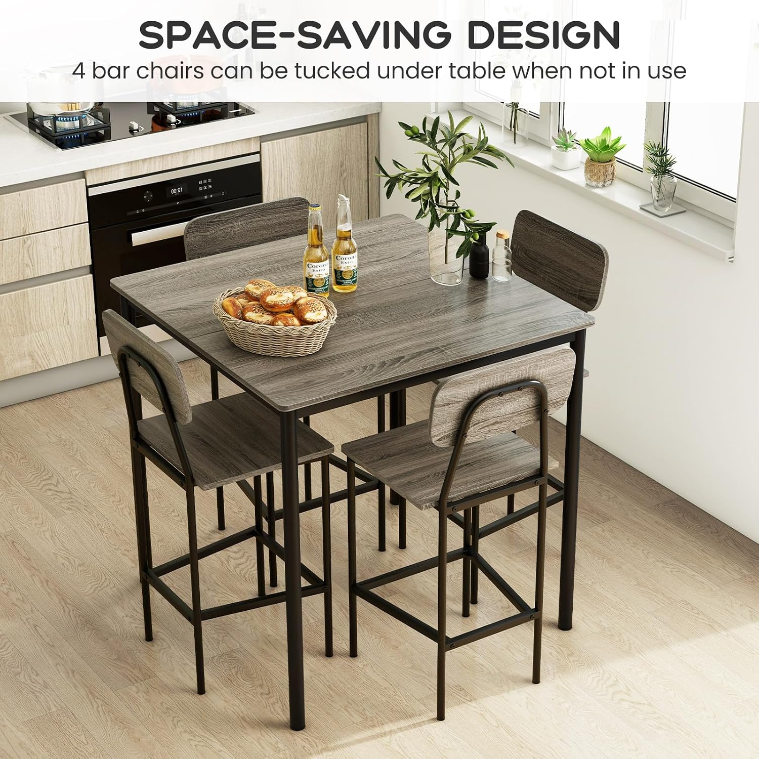 Giantex 5-Piece Dining Table Set W/Counter Height Table & 4 Bar Stools, Modern Kitchen Dining Set W/Footrest & Backrest, Space-Saving Dinette Set For Pub, Dining Room, Restaurant (Black Oak)