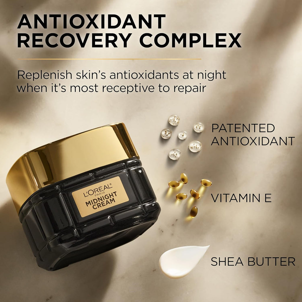 L'Oreal Paris Anti-Aging Midnight Cream, Face Moisturizer With Shea Butter To Reduce Wrinkles And Firm Skin, 1.7Oz + Serum Sample