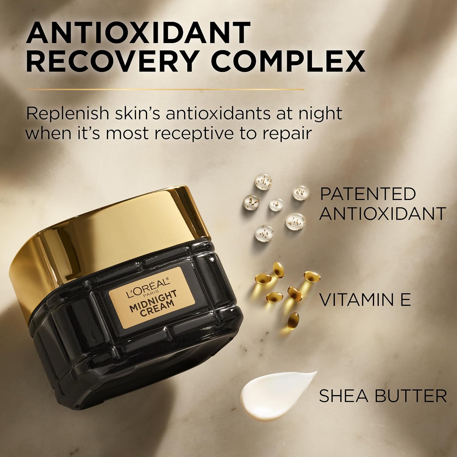 L'Oreal Paris Anti-Aging Midnight Cream, Face Moisturizer With Shea Butter To Reduce Wrinkles And Firm Skin, 1.7Oz + Serum Sample