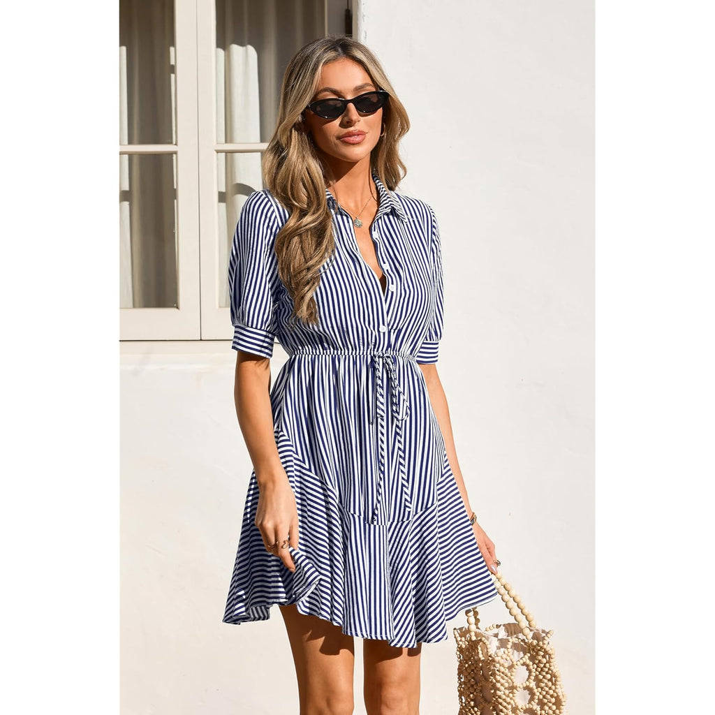 Mascomoda Womens Puff Short Sleeve Striped Mini Summer Dress Spring Casual V Neck Button Down A Line Short Work Shirt Dresses