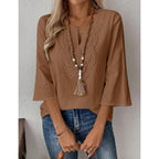 Lomon Womens 3/4 Sleeve Tops Cotton Linen Shirts V Neck Lace Casual Loose Fit Blouses Boho Fashion