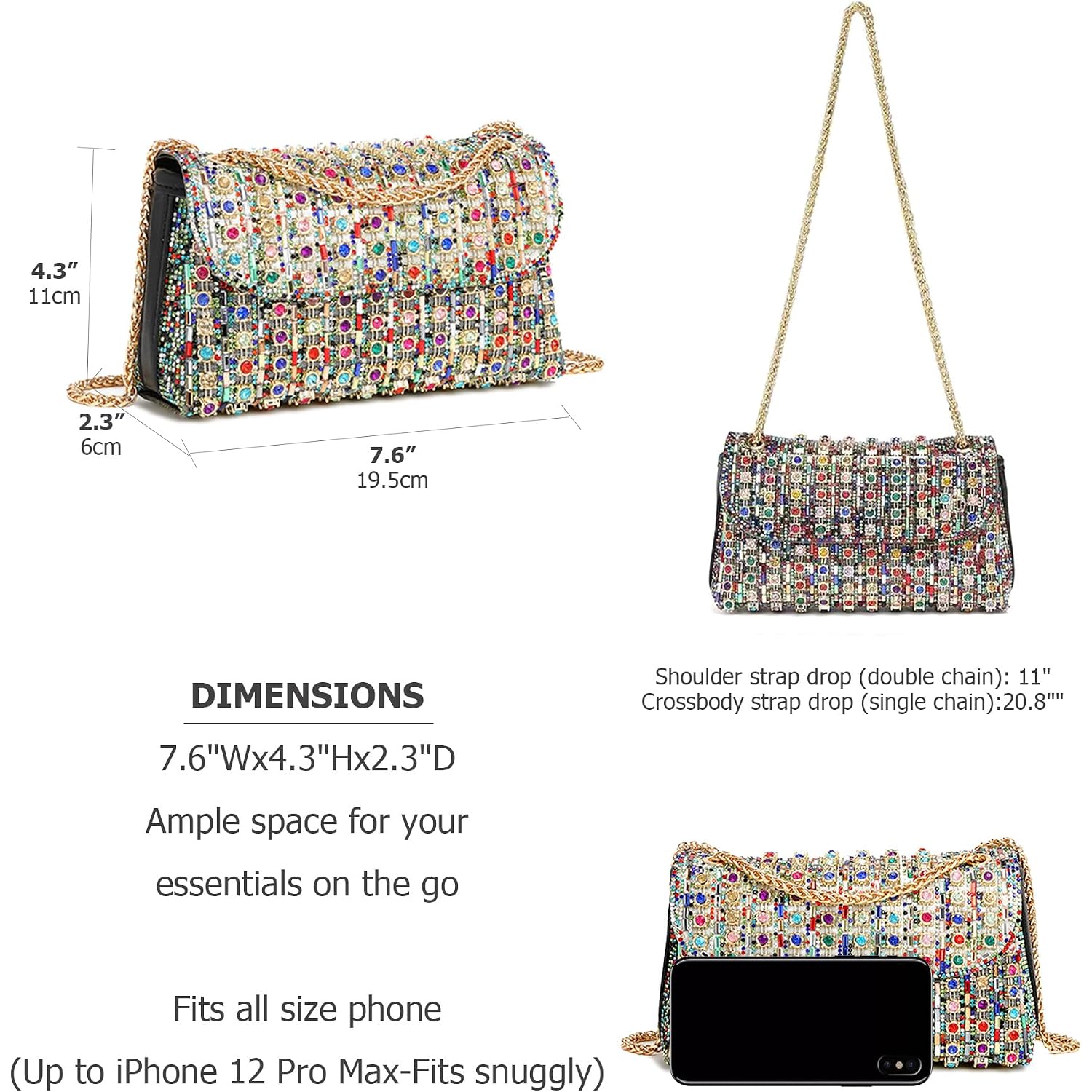 Rhinestone Clutch Purse, Sparkly Evening Bag With Chain For Women