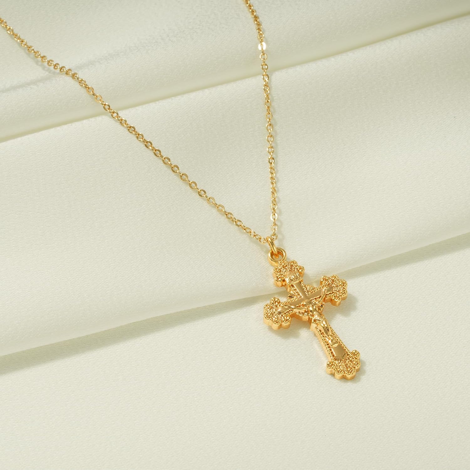 Fettero Cross Necklace Faith Pendant 14K Plated Dainty Chain Minimalist Simple Tiny God Lords Prayer Religious Jewelry