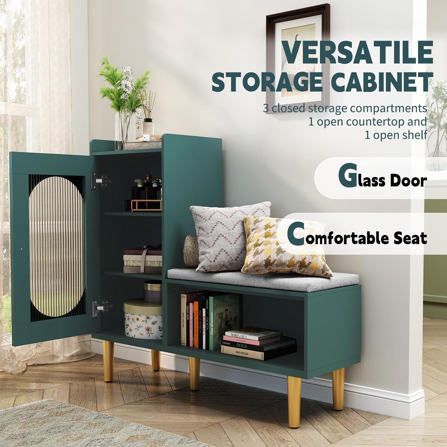 Storage Bench With Glass Door&Shelf, Modern Entryway Shoe Cabinet Bench With Padded Seat, Green L-Shaped Storage Cabinet For Hallway, Bedroom, Living Room, Office