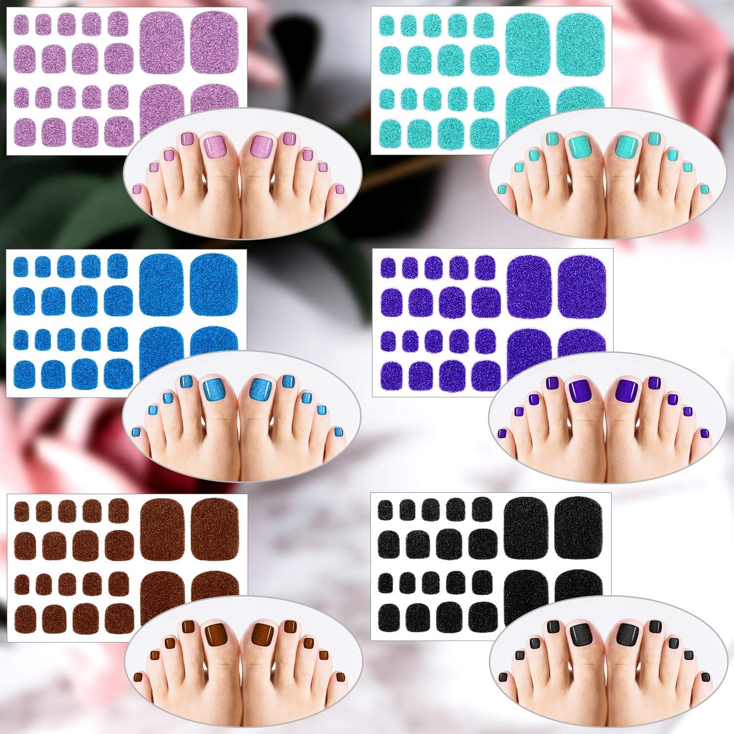 12 Sheets Glitter Toe Nail Wraps Self-Adhesive Toe Nail Polish Stickers Solid Color Nail Art Decals Strips Glittery Manicure Kit with 12 Styles and 2 Pieces Nail Files for Women Girls