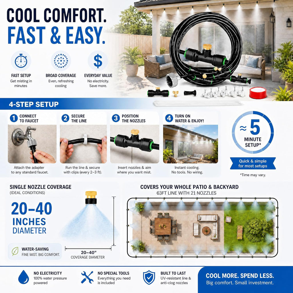 Misters For Outside Patio 63Ft(19.2M)+21 Brass Mist Nozzles+A Brass Adapter(3/4") Detachable Outdoor Misting Cooling System For Garden, Waterpark, Greenhouse, Backyard, Fan, Umbrella, Deck, Canopy