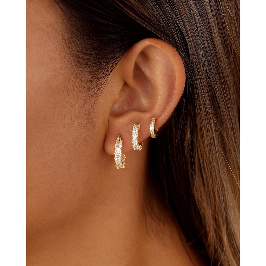 CAROVO 3 Pairs Gold/Silver Hoop Earrings for Women Trendy Dainty 14K Gold Plated Cubic Zirconia Stud Earrings Huggie Hoop Earrings Stack for Multiple Piercing Jewelry