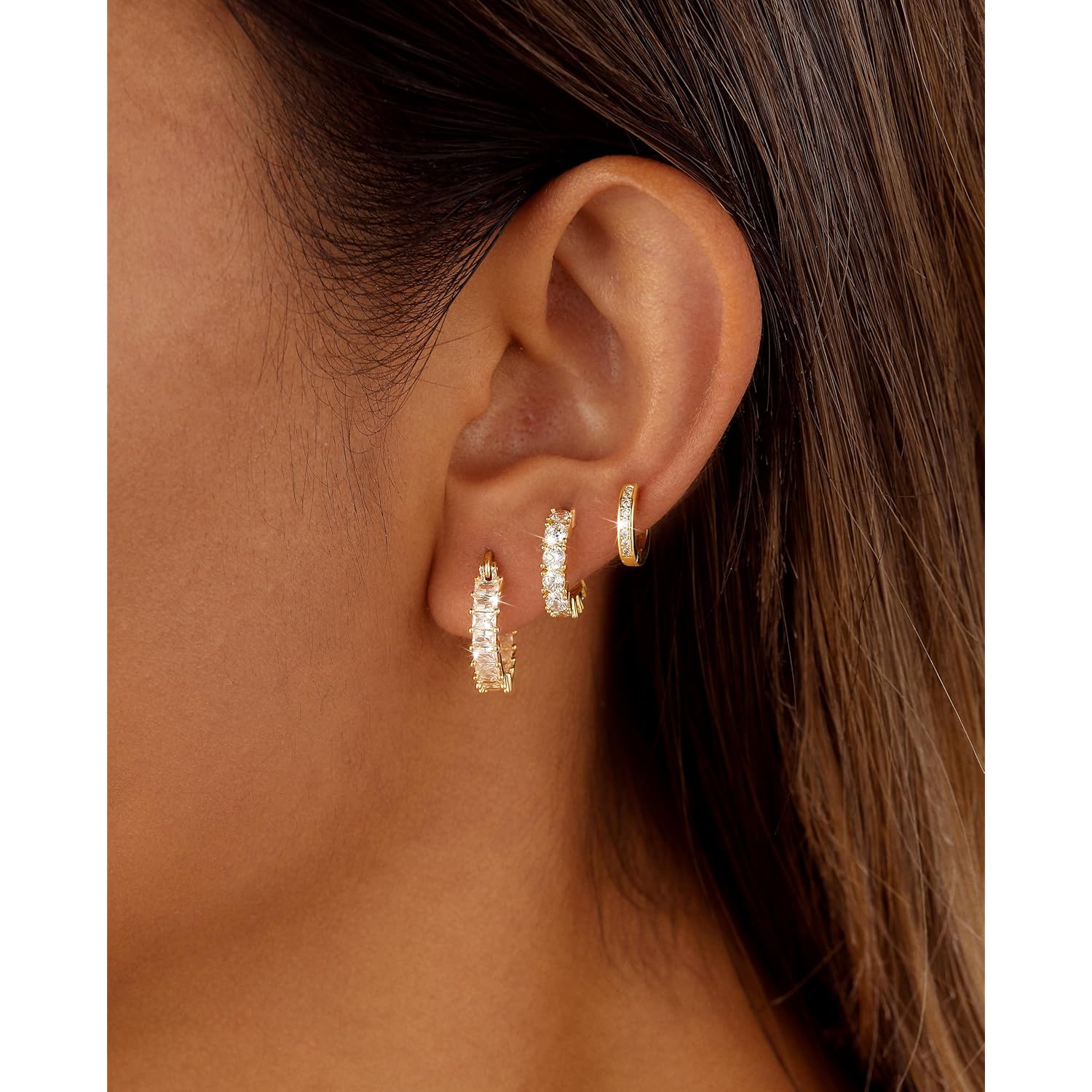 CAROVO 3 Pairs Gold/Silver Hoop Earrings for Women Trendy Dainty 14K Gold Plated Cubic Zirconia Stud Earrings Huggie Hoop Earrings Stack for Multiple Piercing Jewelry