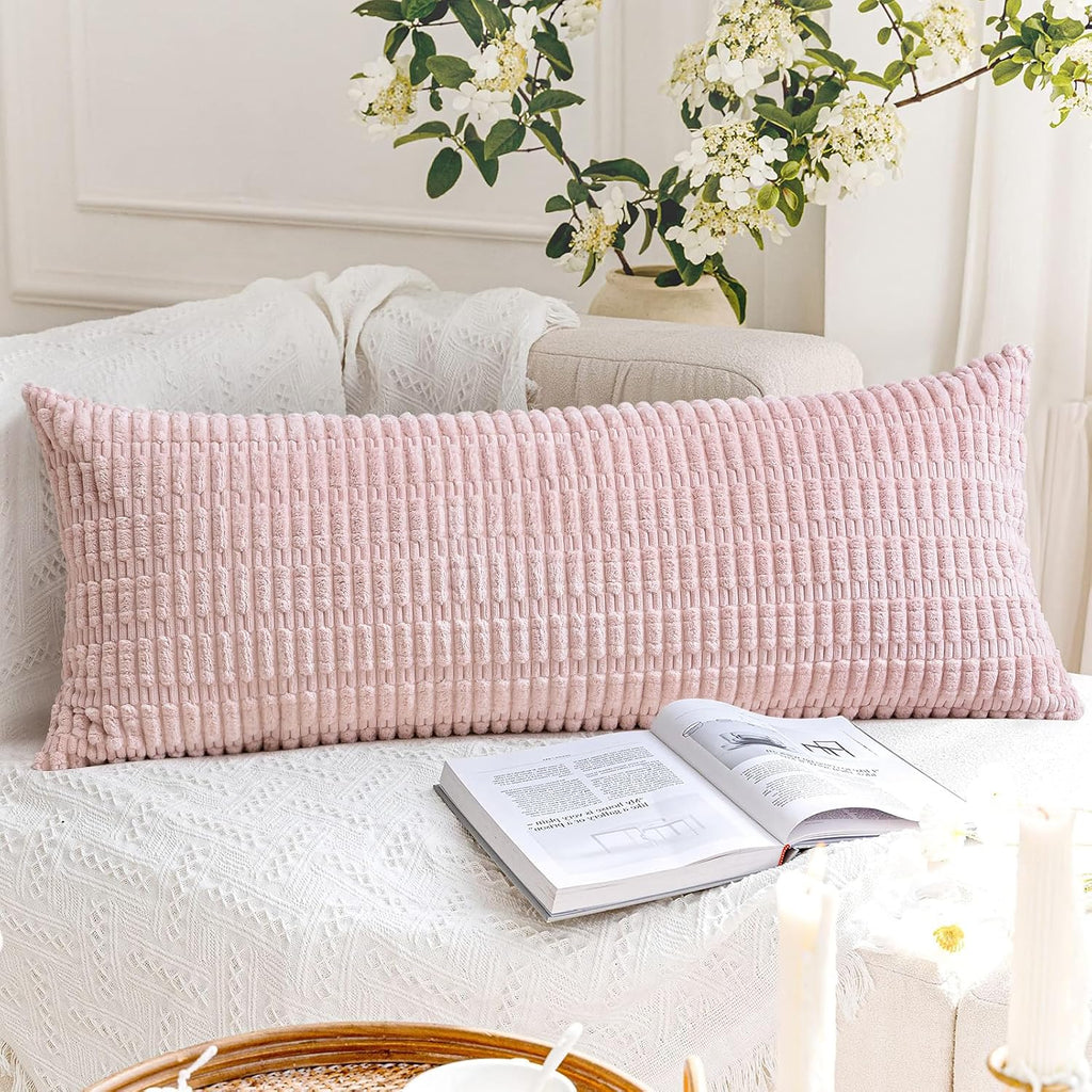 Otostar Corduroy Decorative Lumbar Throw Pillow Cover 14X36 Inch Super Soft Boho Striped Rectangle Pillow Covers Case Modern Cushion Covers For Sofa Couch Bedroom Car Decor Pink