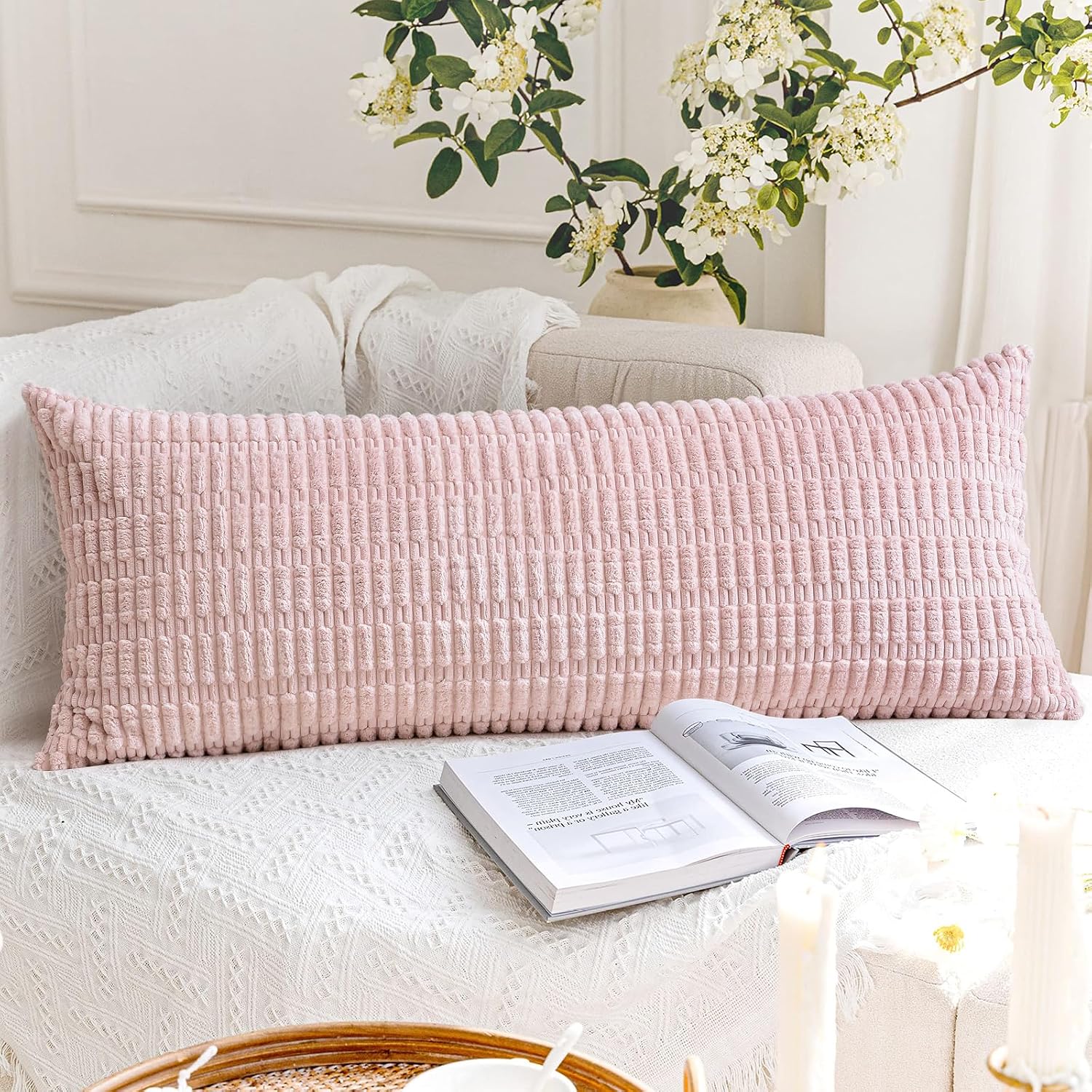 Otostar Corduroy Decorative Lumbar Throw Pillow Cover 14X36 Inch Super Soft Boho Striped Rectangle Pillow Covers Case Modern Cushion Covers For Sofa Couch Bedroom Car Decor Pink