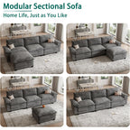 L Shaped Modular Sectional Couches For Living Room, Cloud Couch Sofa With Movable Ottoman, Comfy Chenille Couch, Seats 4, Dark Gray