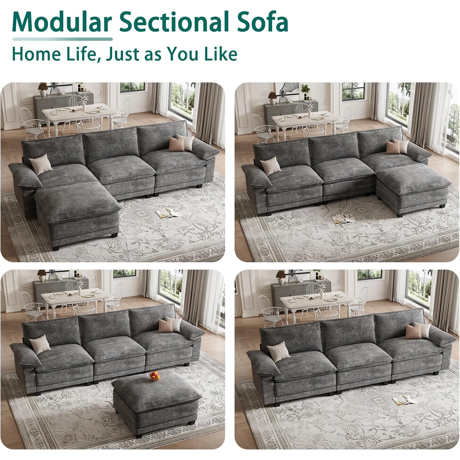 L Shaped Modular Sectional Couches For Living Room, Cloud Couch Sofa With Movable Ottoman, Comfy Chenille Couch, Seats 4, Dark Gray