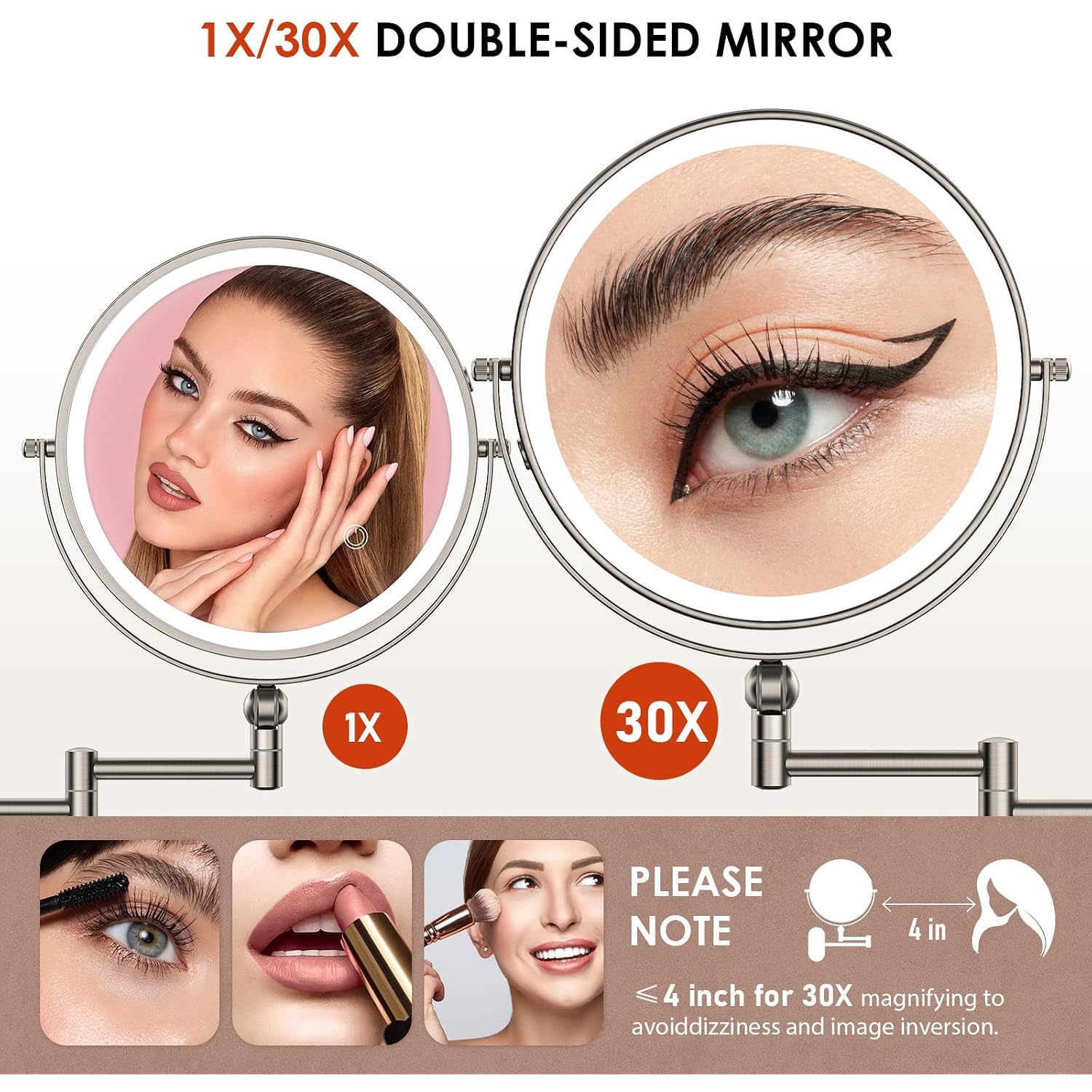 Zlokla 9" Wall Mounted Lighted Makeup Mirror,4000Mah Rechargeable Double Sided 1X/30X Magnifying Mirror With Light,Touch Dimmable,Extended Arm 360 Rotation Wall Mounted Makeup Mirror 3 Color Lights-N