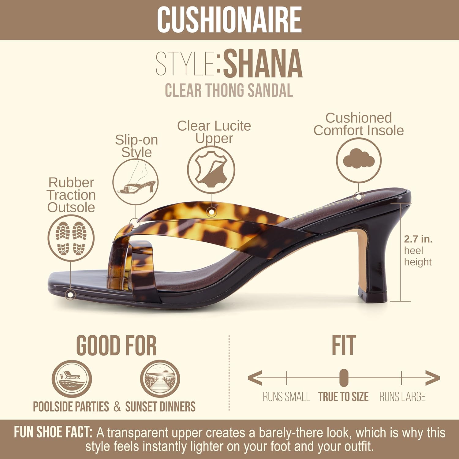 Cushionaire Shana Clear Jelly Strap Heels For Women, Flared Kitten Heel Slide With Cushioned Footbed And Split Toe