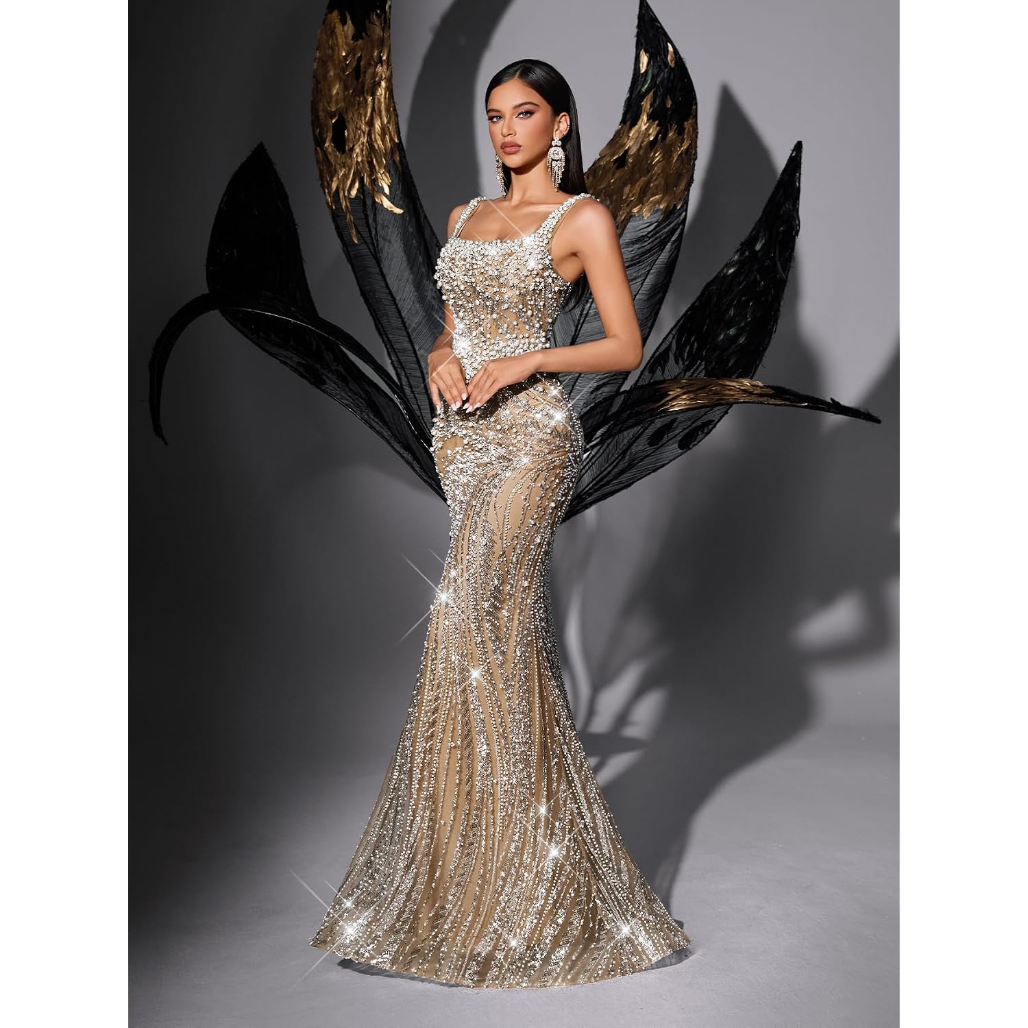 Women'S Square Neck Sequin Beaded Mermaid Formal Evening Dress Spaghetti Strap Bodycon Prom Party Cocktail Maxi Gown