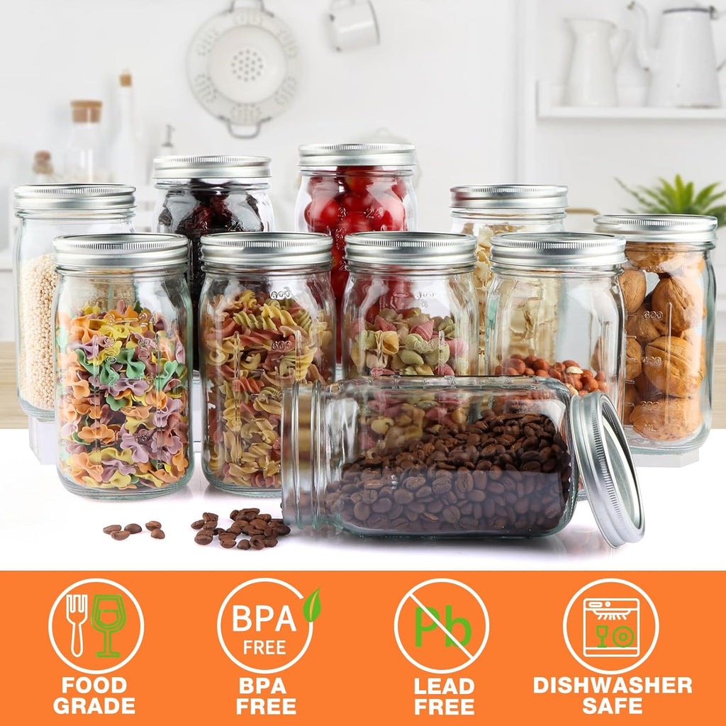 Wide Mouth Mason Jars 32 oz, 12 Pack Clear Glass Mason Jars with Airtight Lids and Bands, Quart Canning Jars for Preserving, Canning, Meal Prep, Pickling