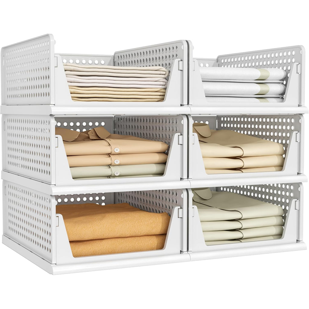6 Pack Closet Organizers Storage Bins, Stackable Plastic Drawer Basket For Clothing, Stackable Storage Bins Shelf Storage Container For Closet Wardrobe Bedroom Bathroom Office White