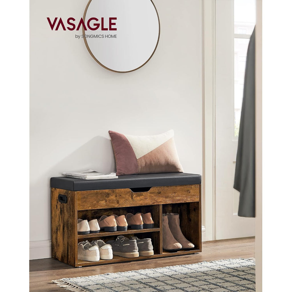 Vasagle Custos Collection - Storage Bench With Cushion, Shoe Bench, Padded Seat, Hidden Storage, Entryway, Hold Up To 300 Lb, 11.8 X 31.5 X 17.3 Inches, Rustic Brown And Ink Black Ulhs30Bx
