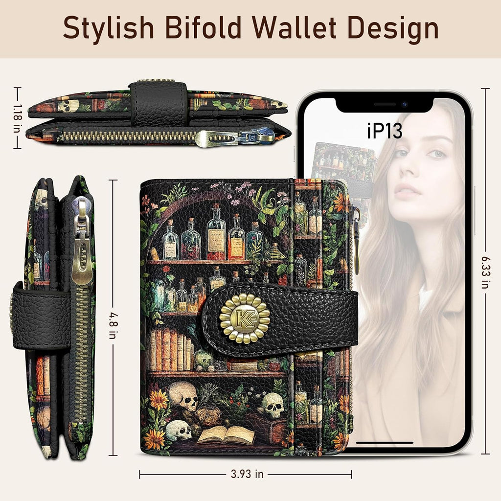 Bookshelves Skull Goth Gothic Small Rfid Women Wallet Bifold Zipper Coin Pocket Pu Leather Compact Cash Credit Card Holder Travel Wallet Female Ladies Teen Girls 1 Id Window 10 Card Slots