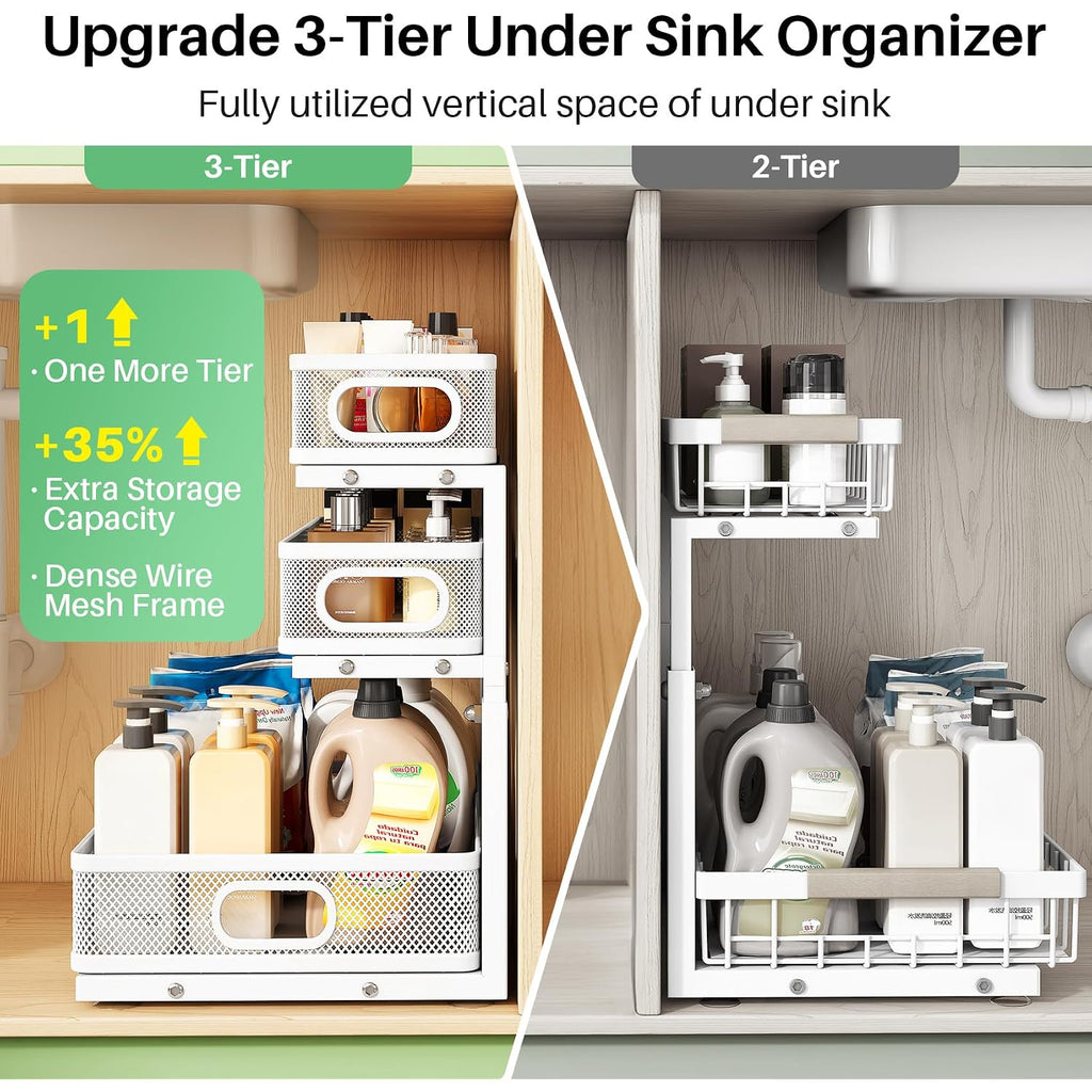Kitstorack Under Sink Organizer, 2-Pack 3-Tier Height Adjustable Thickened Metal Pull Out Cabinet Organizer Shelf, Slide Out Storage Drawer Rack For Bathroom Kitchen Pantry Home Laundry Organization