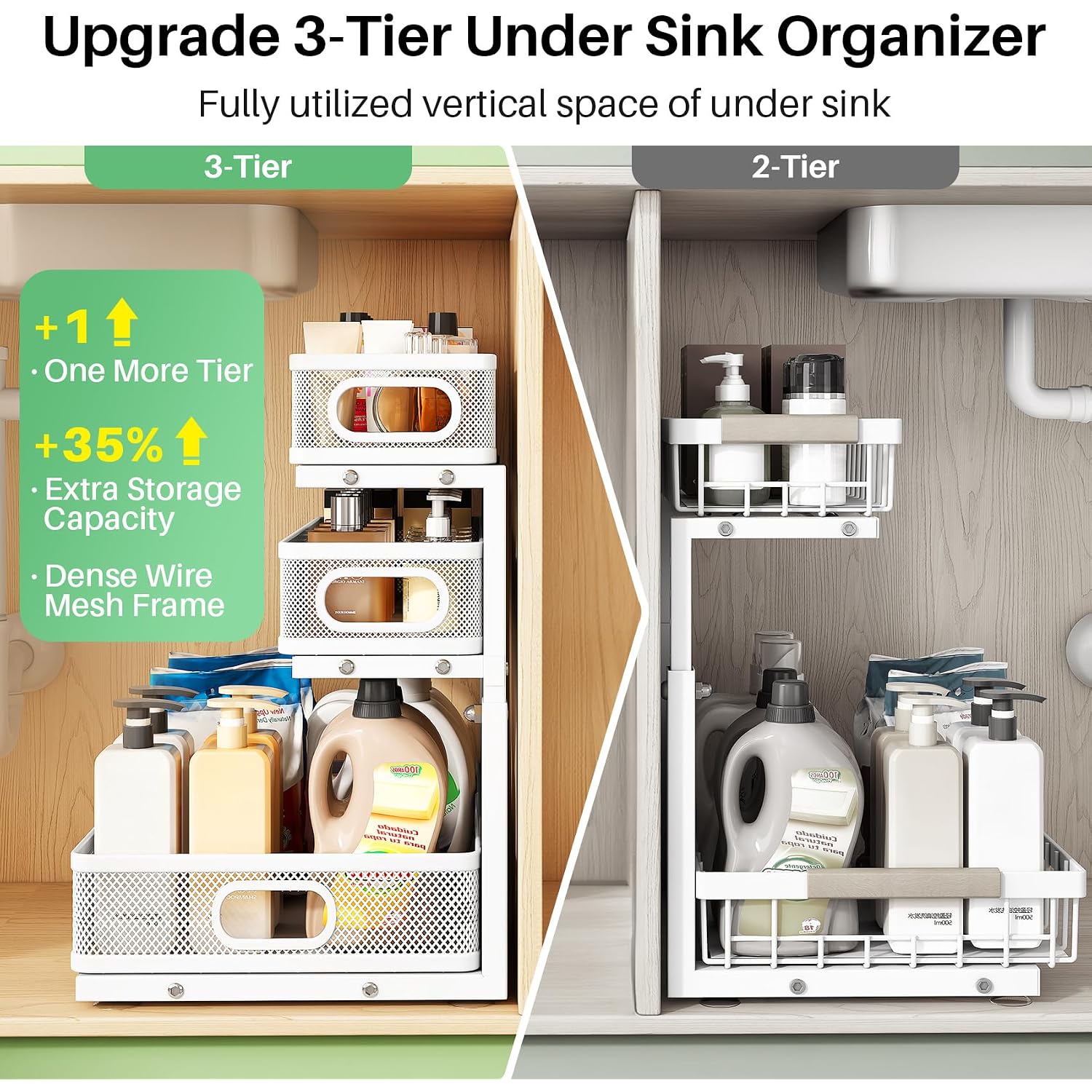 Kitstorack Under Sink Organizer, 2-Pack 3-Tier Height Adjustable Thickened Metal Pull Out Cabinet Organizer Shelf, Slide Out Storage Drawer Rack For Bathroom Kitchen Pantry Home Laundry Organization
