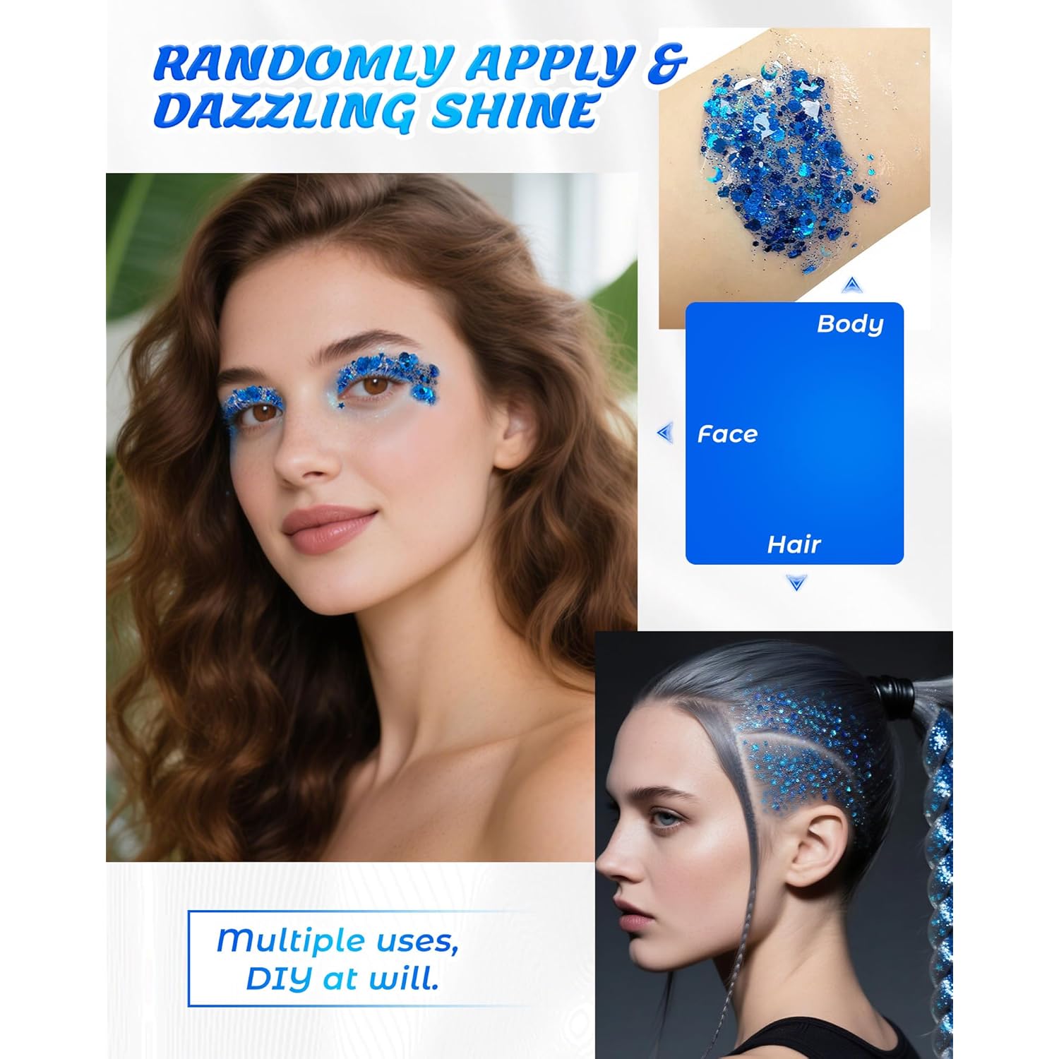 6PCS Blue Face Body Glitter Gel，Holographic Chunky Sequins Body Glitter Paint for Party Singer Concerts Music Festival Rave Accessories for Girls Women Face Body DIY Sparkling Makeup