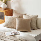 Khaki 4 Pack Throw Pillow Covers - Chenille & Velvet Set With Piping, Farmhouse Textured Design Cushion Cases For Couch Sofa Bed (18X18 Inch, No Insert)
