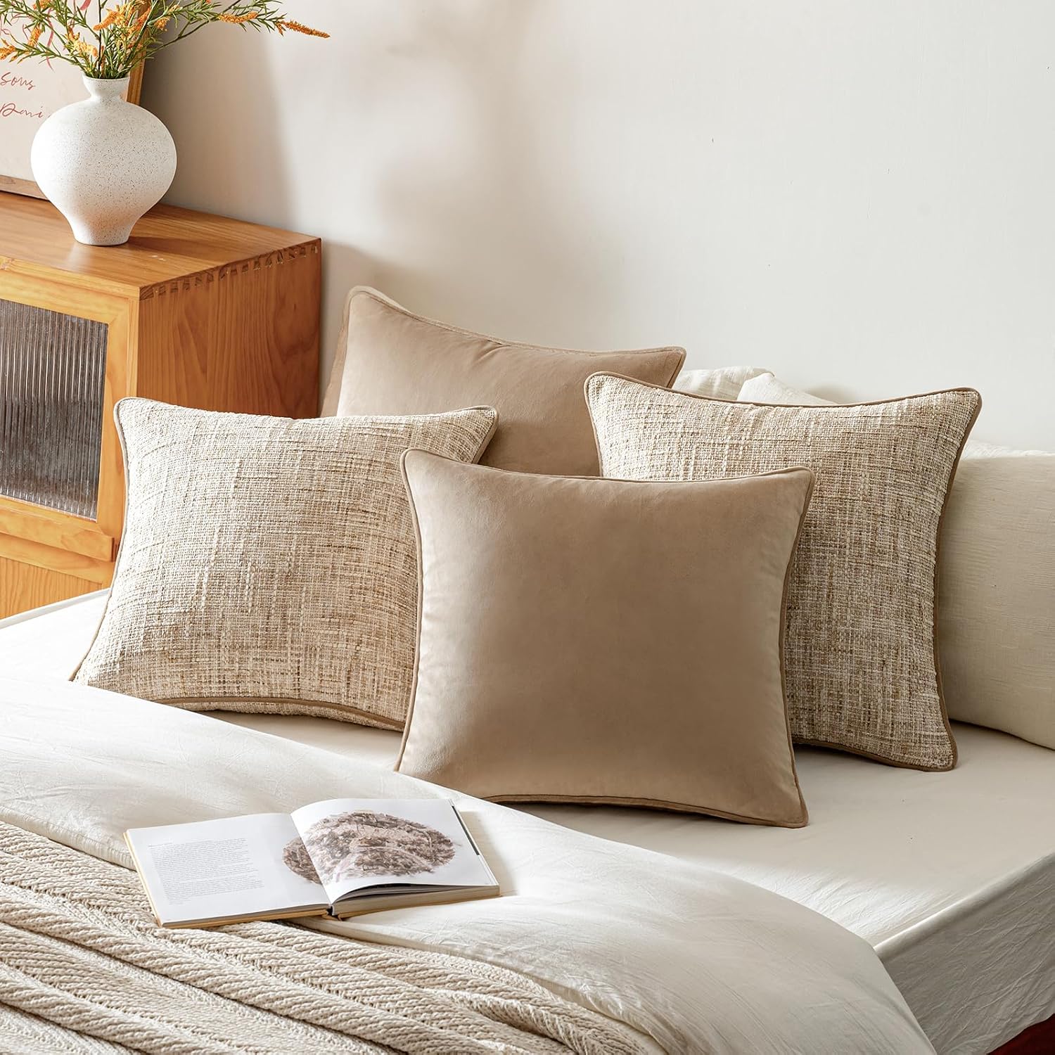 Khaki 4 Pack Throw Pillow Covers - Chenille & Velvet Set With Piping, Farmhouse Textured Design Cushion Cases For Couch Sofa Bed (18X18 Inch, No Insert)